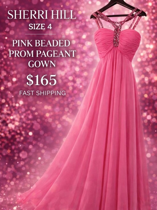 NWOT Sherri Hill Size 4 Pink Beaded Prom Gown Pageant Evening Dress Barbiecore